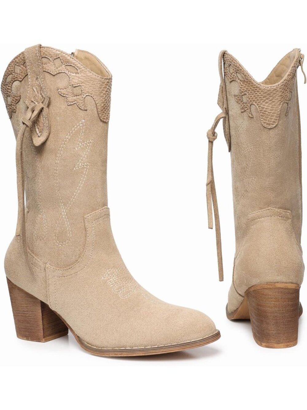 Women's Apricot Western Country High Heel Boots Suede Zipper Mid Calf Booties - Picture 5 of 6